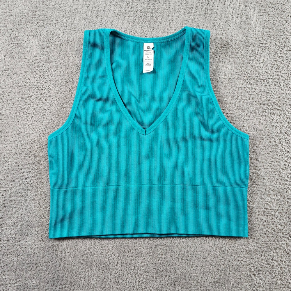 90 Degree by Reflex Rib Seamless Highline Tank Teal Blue V-Neck Crop Top Large